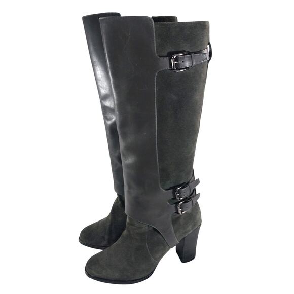 KENNETH COLE! DOVE GRAY GENUINE SUEDE & LEATHER CHUNKY, WRAP FRONT BOOTS! SZ 8M - Picture 1 of 10